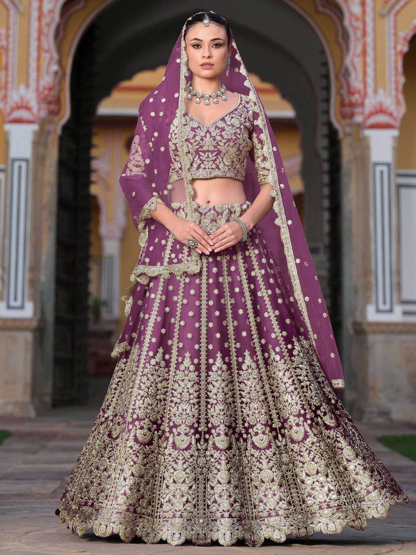 Tulsi Art Lovable Purple Embroidered Net Engagement Wear Lehenga Choli
