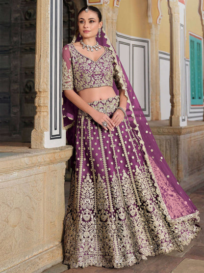 Tulsi Art Lovable Purple Embroidered Net Engagement Wear Lehenga Choli
