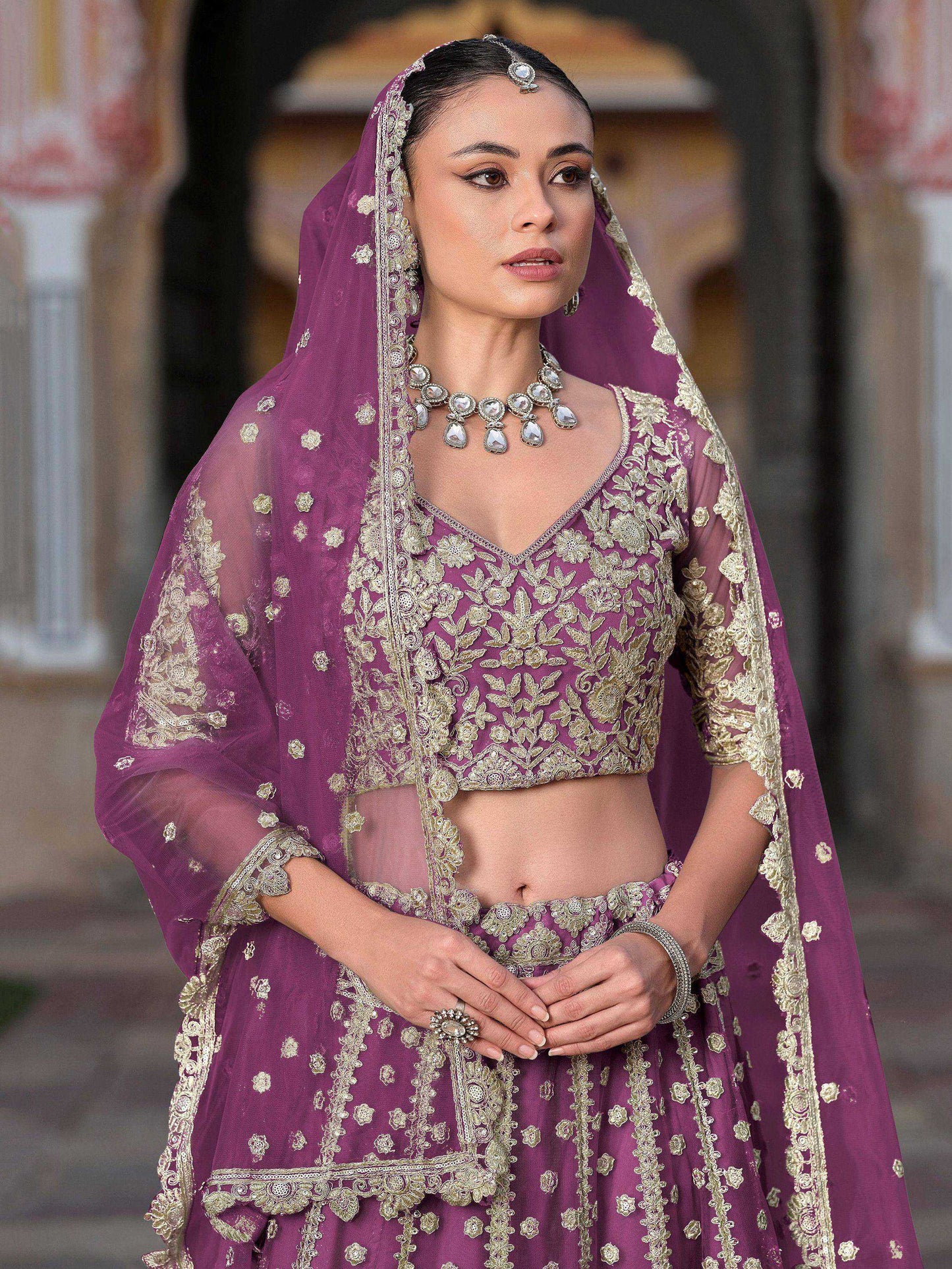 Tulsi Art Lovable Purple Embroidered Net Engagement Wear Lehenga Choli