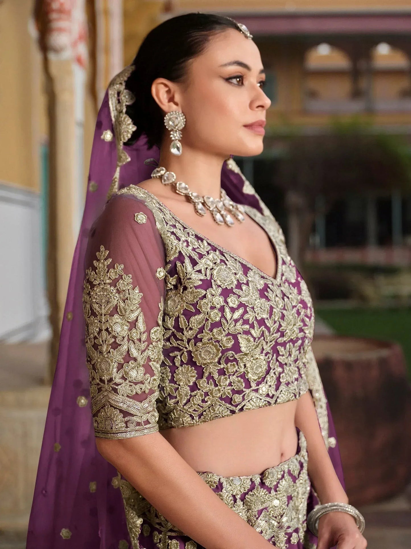 Tulsi Art Lovable Purple Embroidered Net Engagement Wear Lehenga Choli