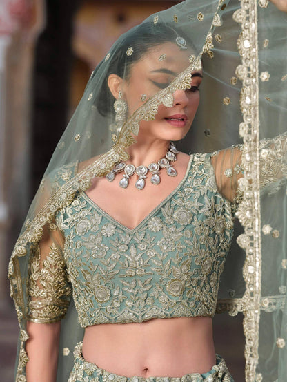 Tulsi Art Charming Pista Green Zari Work Net Bridesmaid Lehenga Choli With Dupatta
