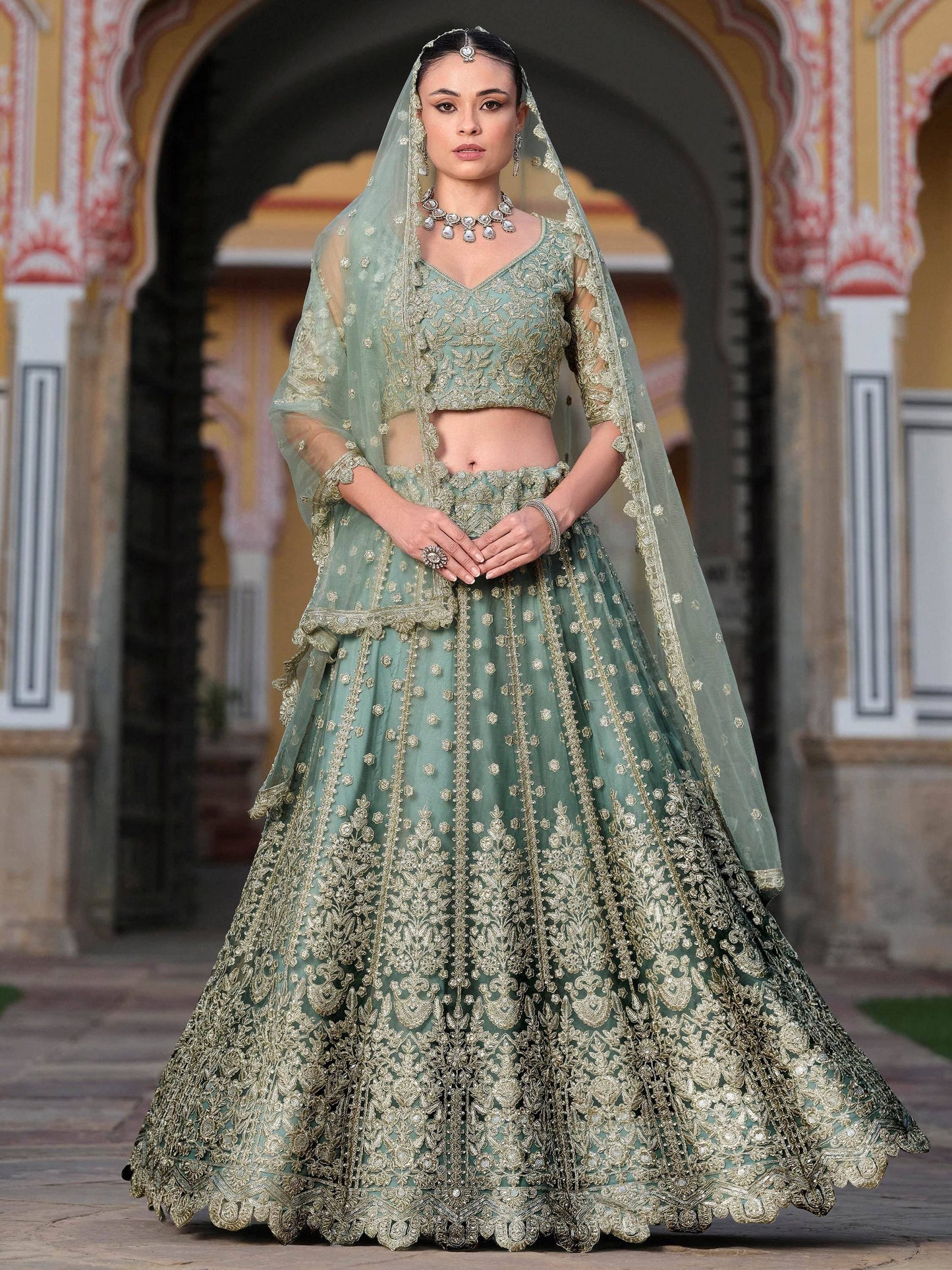Tulsi Art Charming Pista Green Zari Work Net Bridesmaid Lehenga Choli With Dupatta