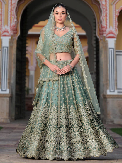 Tulsi Art Charming Pista Green Zari Work Net Bridesmaid Lehenga Choli With Dupatta