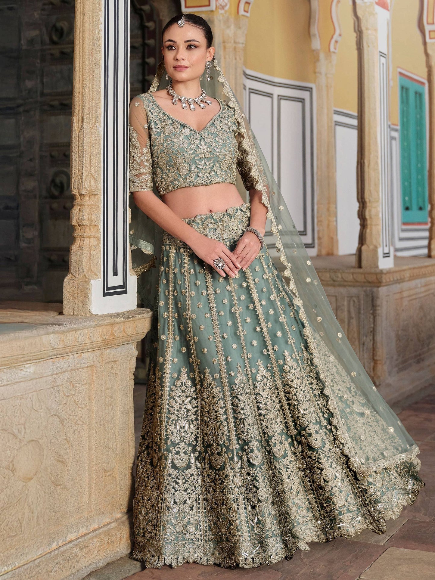 Tulsi Art Charming Pista Green Zari Work Net Bridesmaid Lehenga Choli With Dupatta