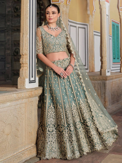 Tulsi Art Charming Pista Green Zari Work Net Bridesmaid Lehenga Choli With Dupatta