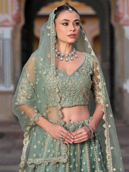 Tulsi Art Charming Pista Green Zari Work Net Bridesmaid Lehenga Choli With Dupatta