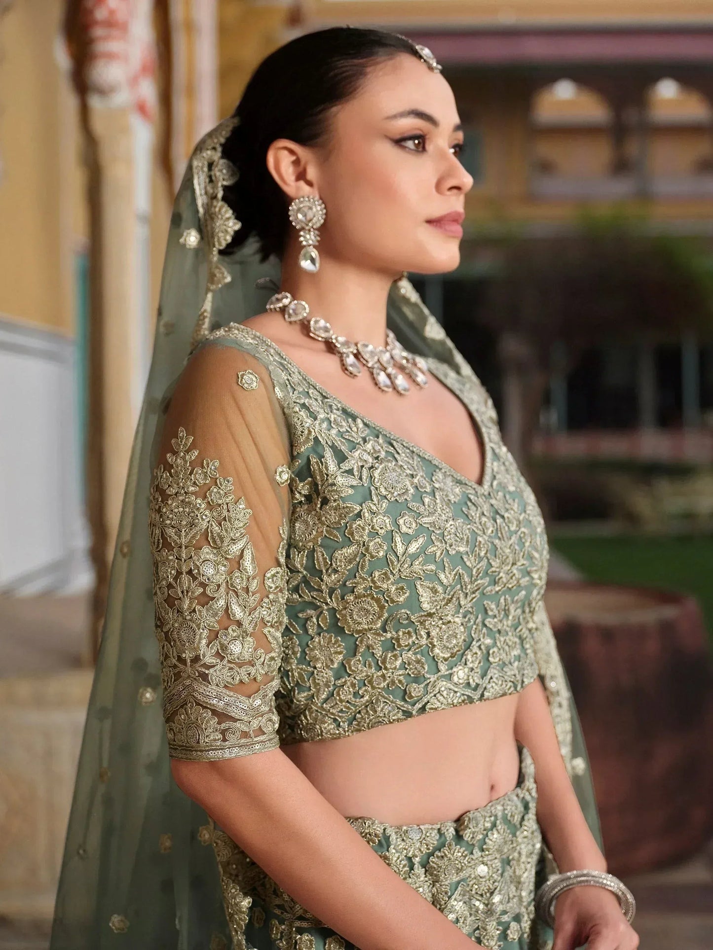 Tulsi Art Charming Pista Green Zari Work Net Bridesmaid Lehenga Choli With Dupatta