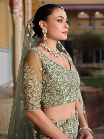 Tulsi Art Charming Pista Green Zari Work Net Bridesmaid Lehenga Choli With Dupatta