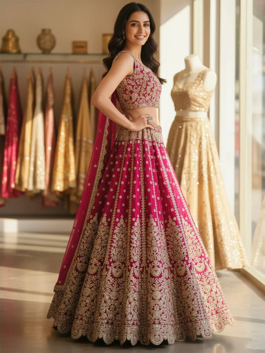 Tulsi Art Marvelous Pink Embroidered Net Bridesmaid Lehenga Choli With Dupatta