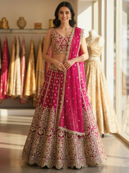 Tulsi Art Marvelous Pink Embroidered Net Bridesmaid Lehenga Choli With Dupatta