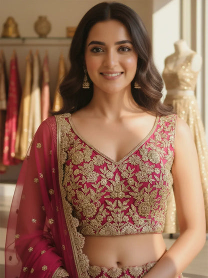Tulsi Art Marvelous Pink Embroidered Net Bridesmaid Lehenga Choli With Dupatta