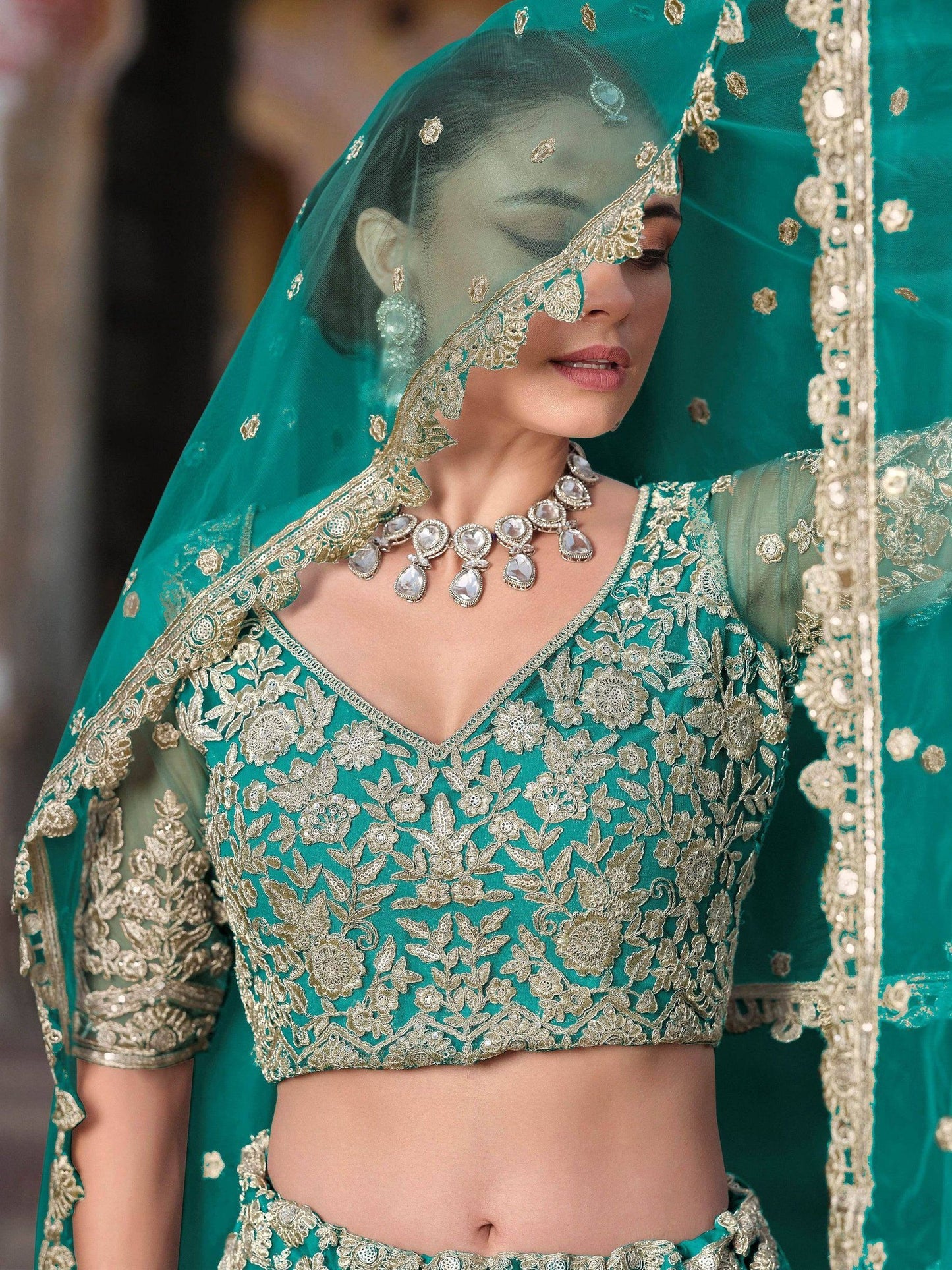 Tulsi Art Amazing Teal Green Sequins Net Wedding Lehenga Choli With Dupatta