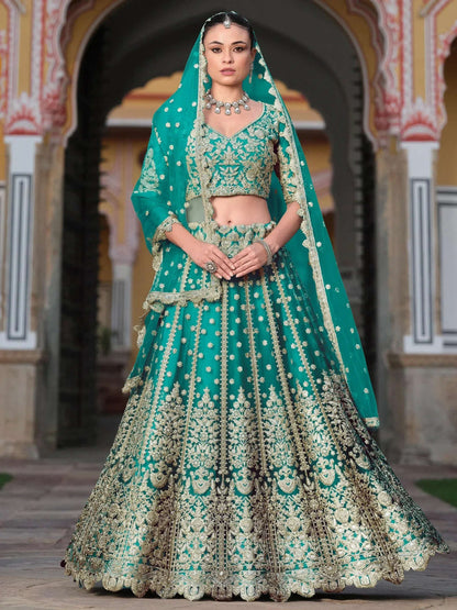 Tulsi Art Amazing Teal Green Sequins Net Wedding Lehenga Choli With Dupatta