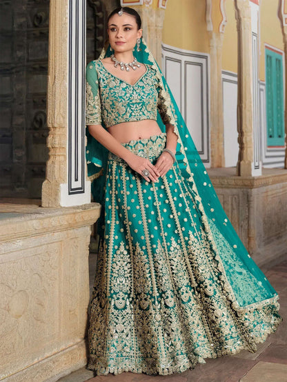 Tulsi Art Amazing Teal Green Sequins Net Wedding Lehenga Choli With Dupatta