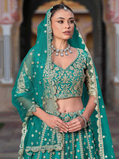 Tulsi Art Amazing Teal Green Sequins Net Wedding Lehenga Choli With Dupatta