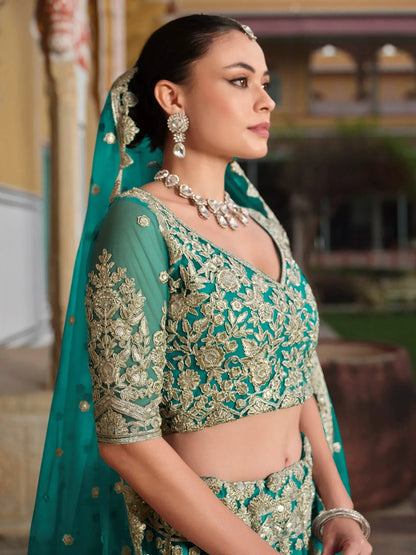 Tulsi Art Amazing Teal Green Sequins Net Wedding Lehenga Choli With Dupatta