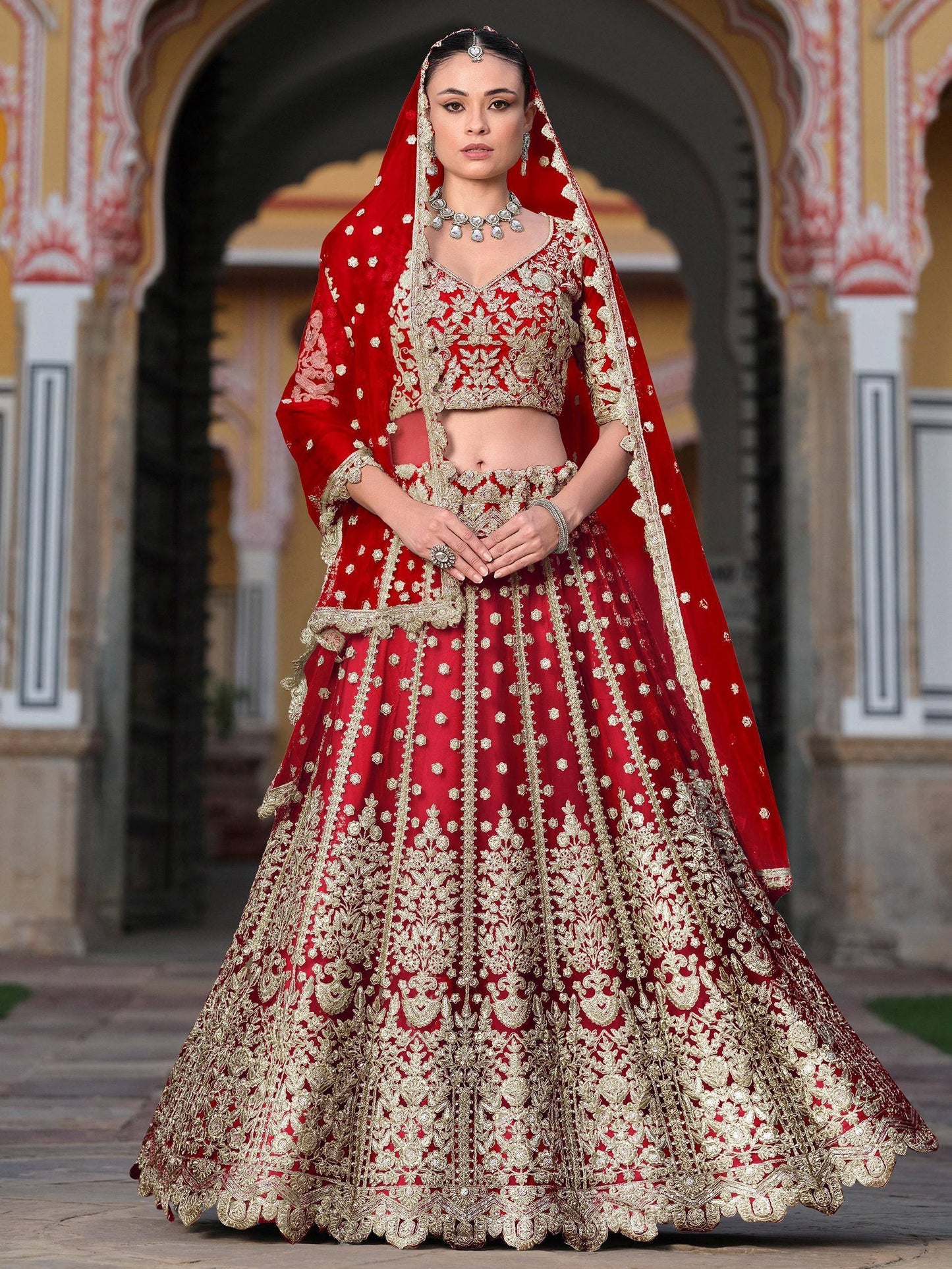 Tulsi Art Gorgeous Red Zari Work Net Bridal Wear Lehenga Choli With Dupatta
