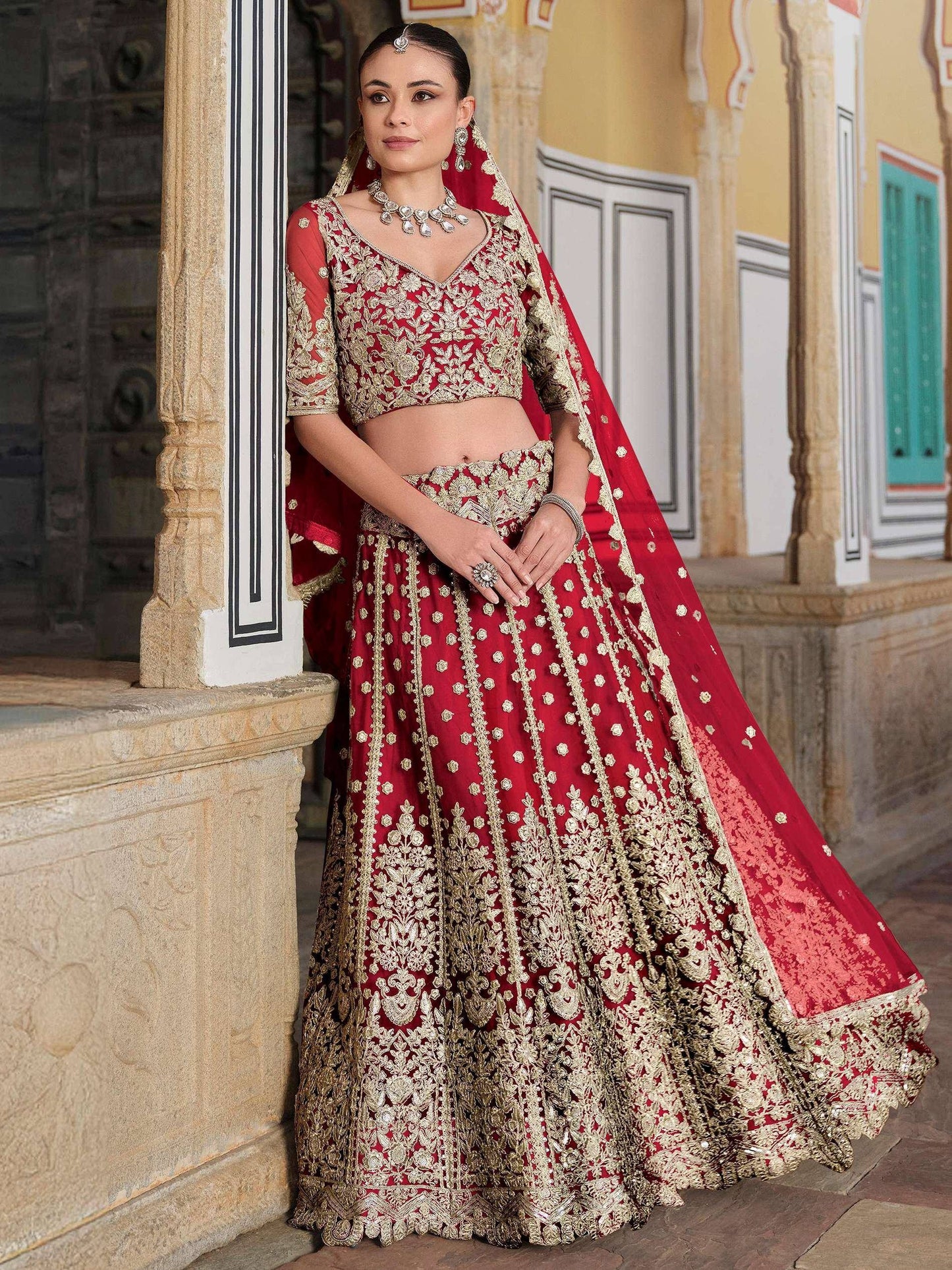 Tulsi Art Gorgeous Red Zari Work Net Bridal Wear Lehenga Choli With Dupatta