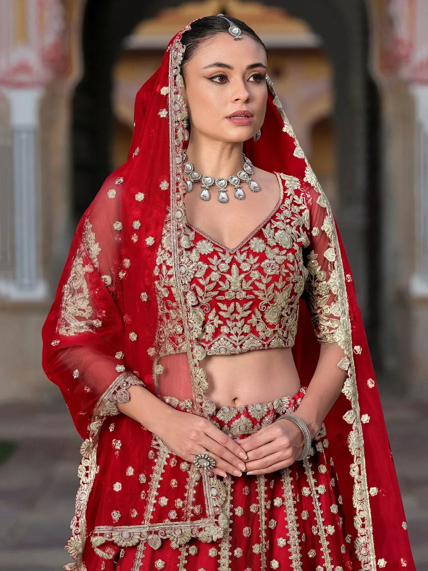 Tulsi Art Gorgeous Red Zari Work Net Bridal Wear Lehenga Choli With Dupatta
