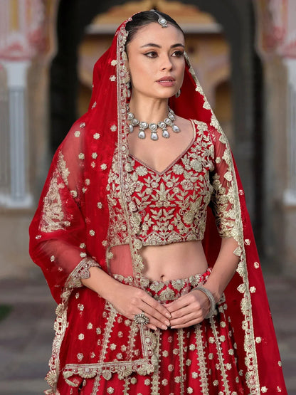 Tulsi Art Gorgeous Red Zari Work Net Bridal Wear Lehenga Choli With Dupatta