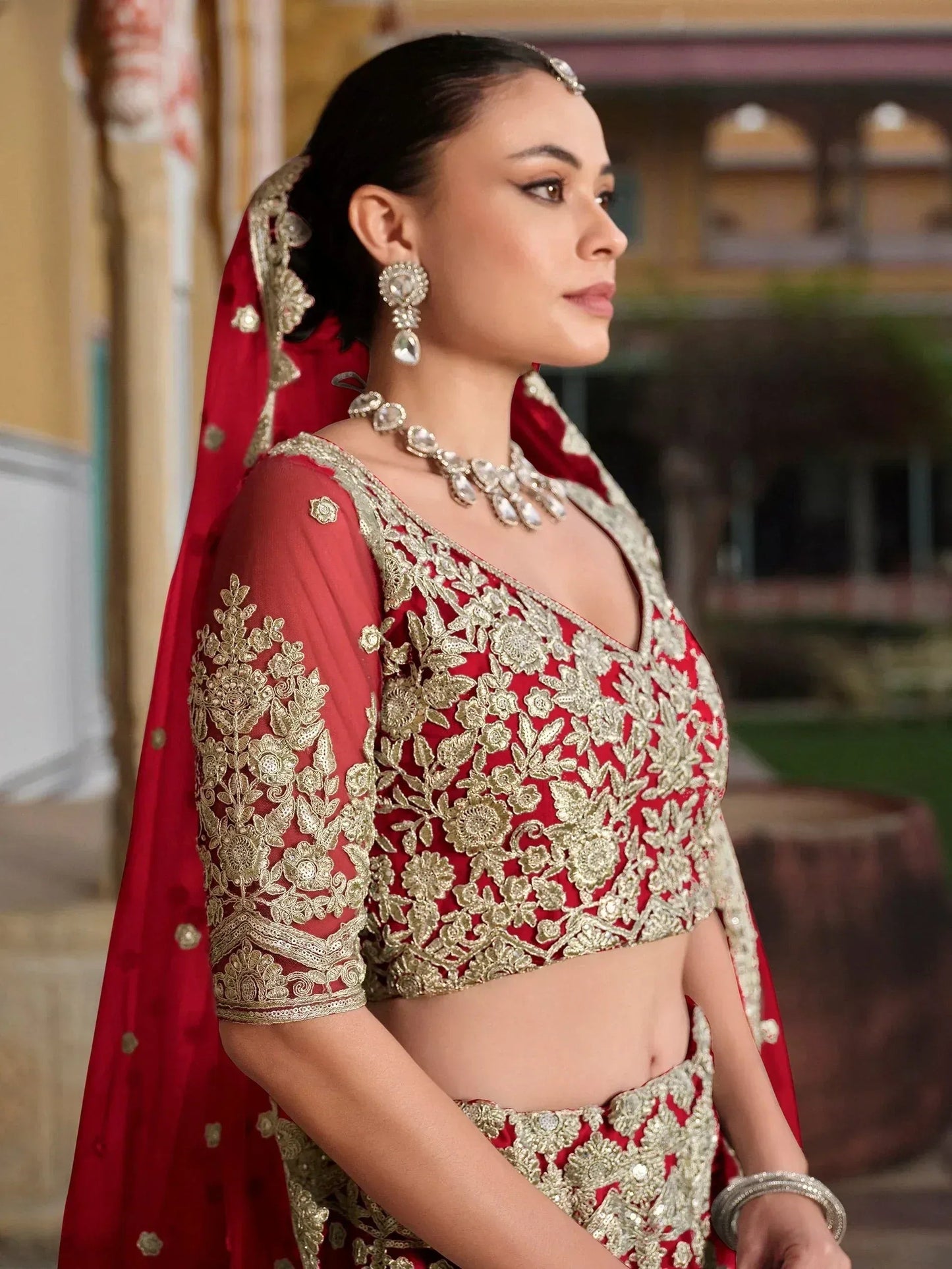 Tulsi Art Gorgeous Red Zari Work Net Bridal Wear Lehenga Choli With Dupatta