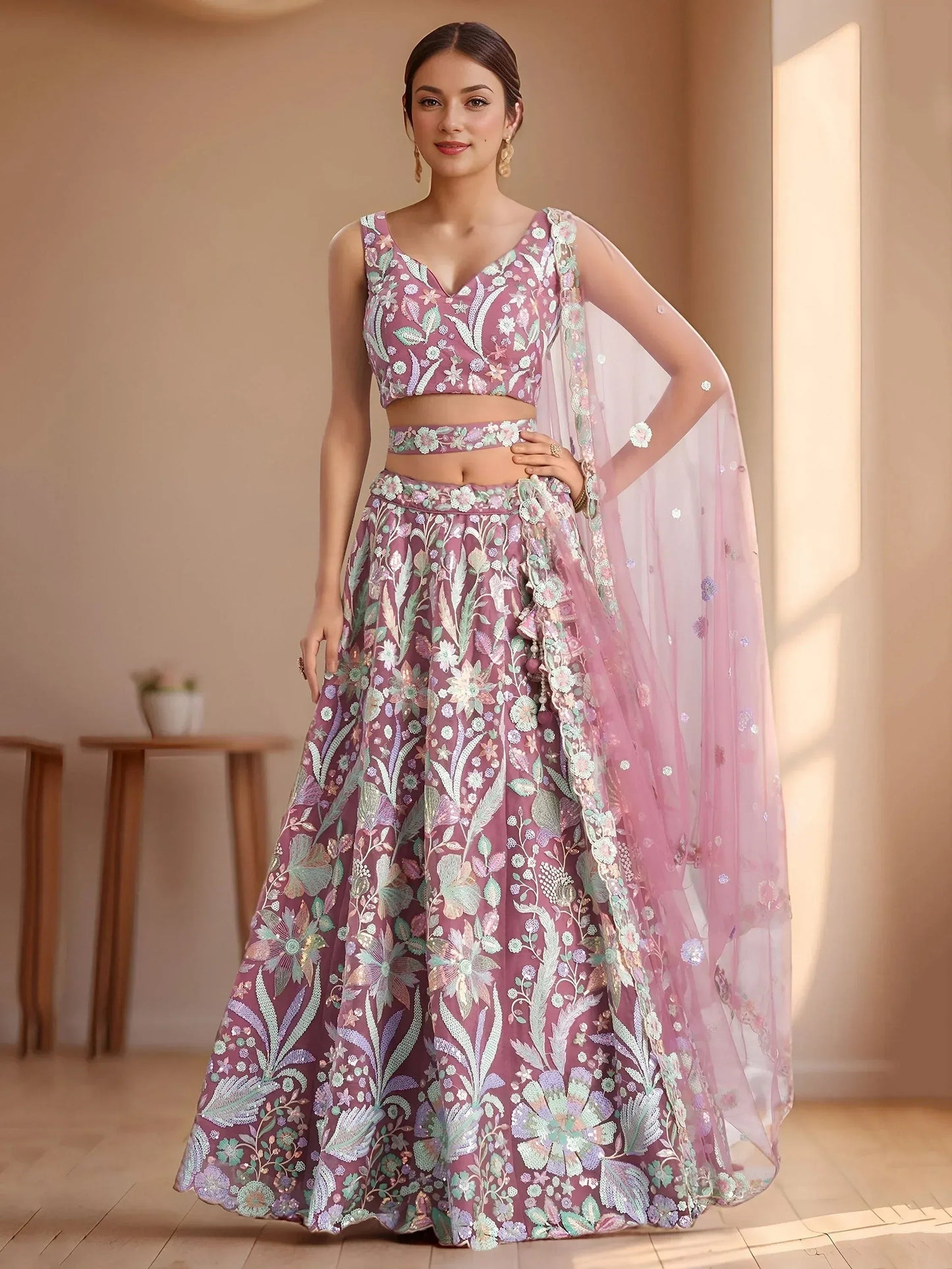 Tulsi Art Attractive Pink Sequins Net Designer Lehenga Choli With Dupatta