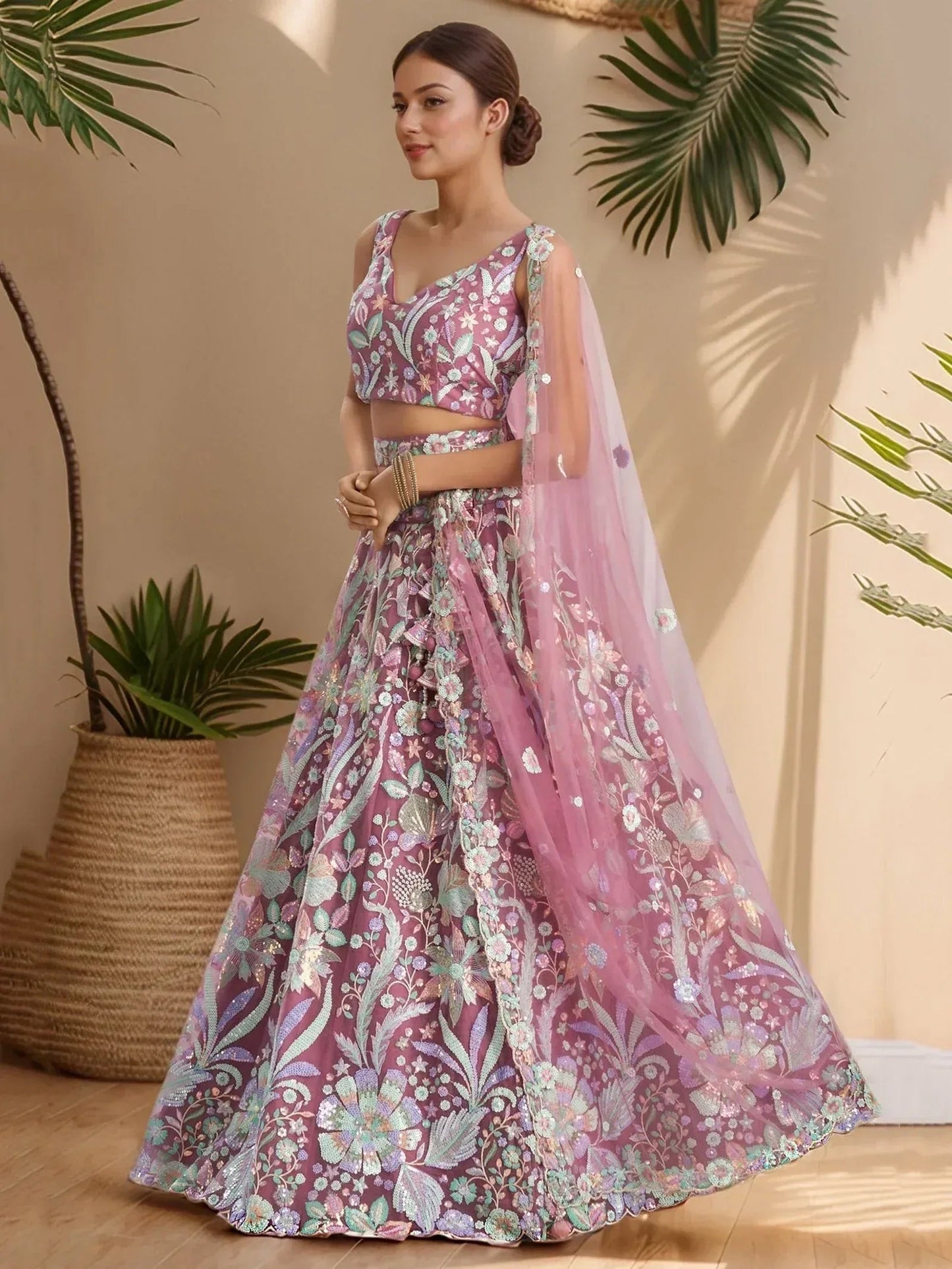 Tulsi Art Attractive Pink Sequins Net Designer Lehenga Choli With Dupatta