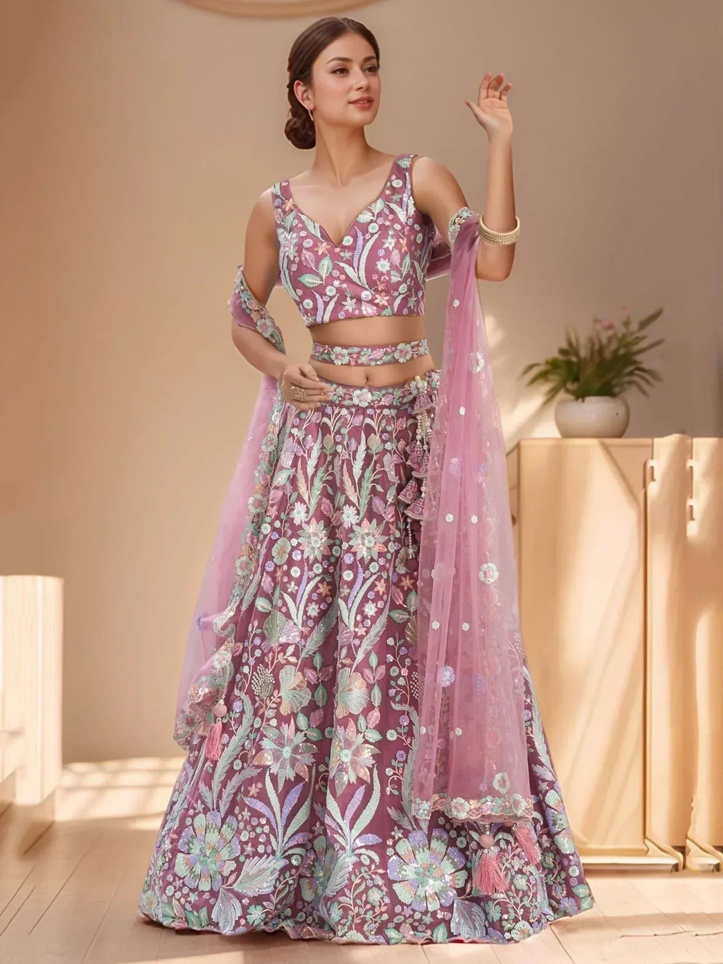 Tulsi Art Attractive Pink Sequins Net Designer Lehenga Choli With Dupatta
