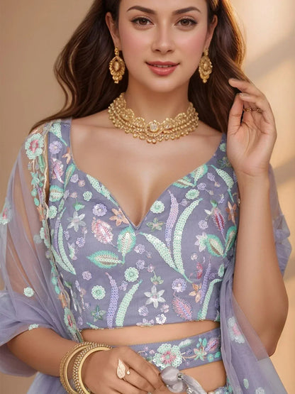 Tulsi Art Astonishing Lavender Embroidered Net Designer Lehenga Choli With Dupatta