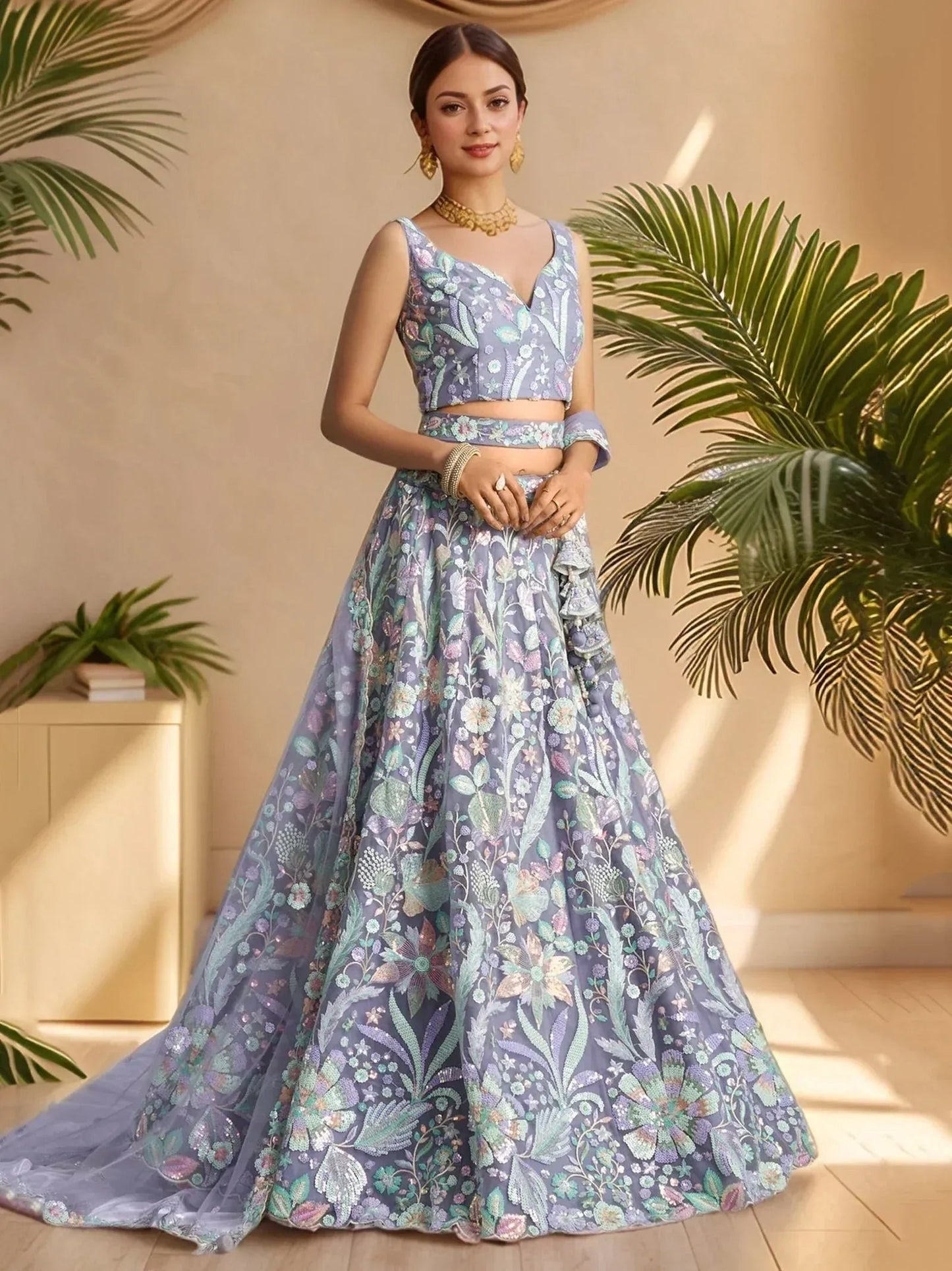 Tulsi Art Astonishing Lavender Embroidered Net Designer Lehenga Choli With Dupatta