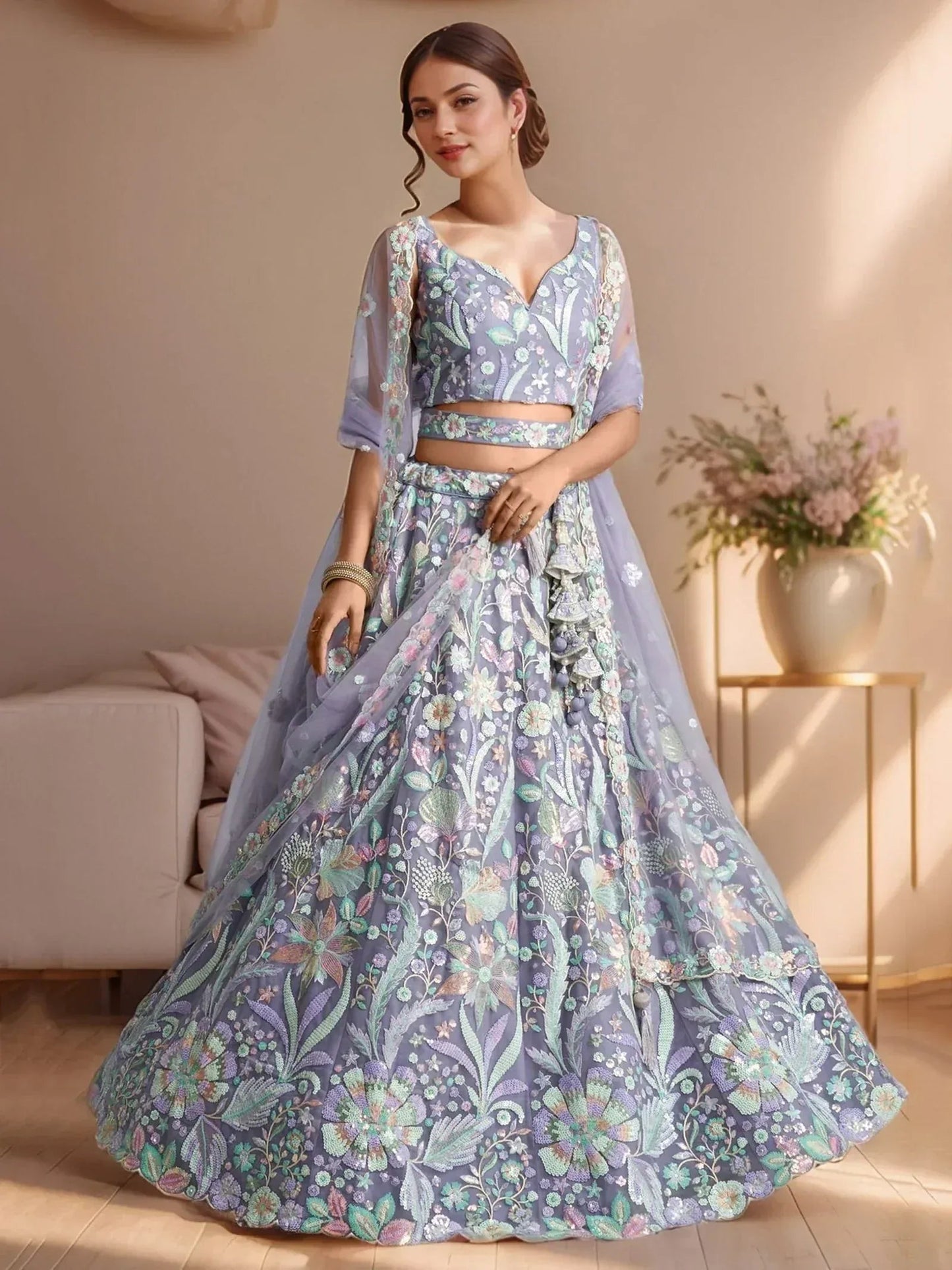Tulsi Art Astonishing Lavender Embroidered Net Designer Lehenga Choli With Dupatta