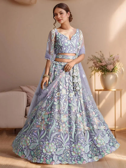 Tulsi Art Astonishing Lavender Embroidered Net Designer Lehenga Choli With Dupatta