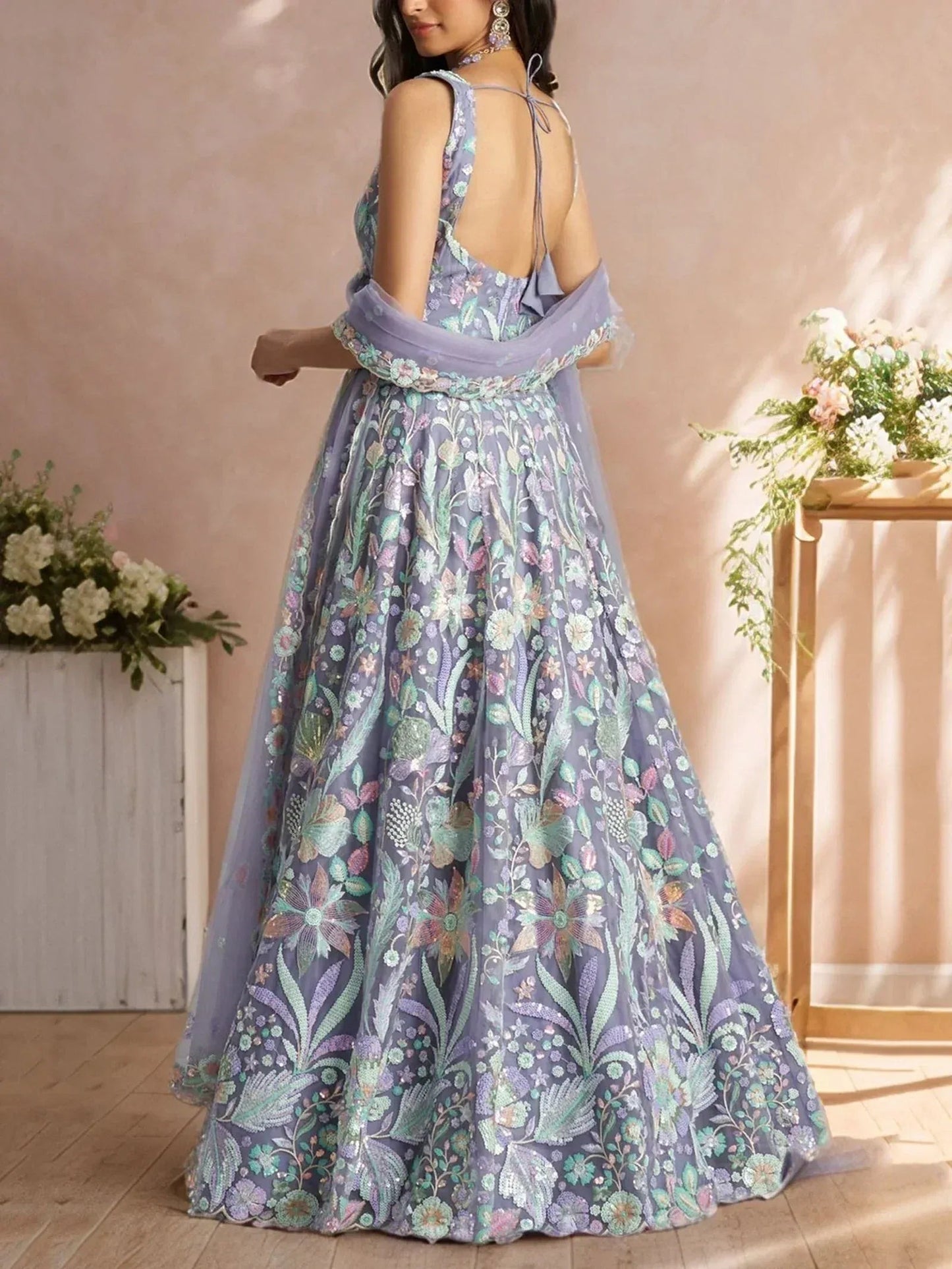 Tulsi Art Astonishing Lavender Embroidered Net Designer Lehenga Choli With Dupatta