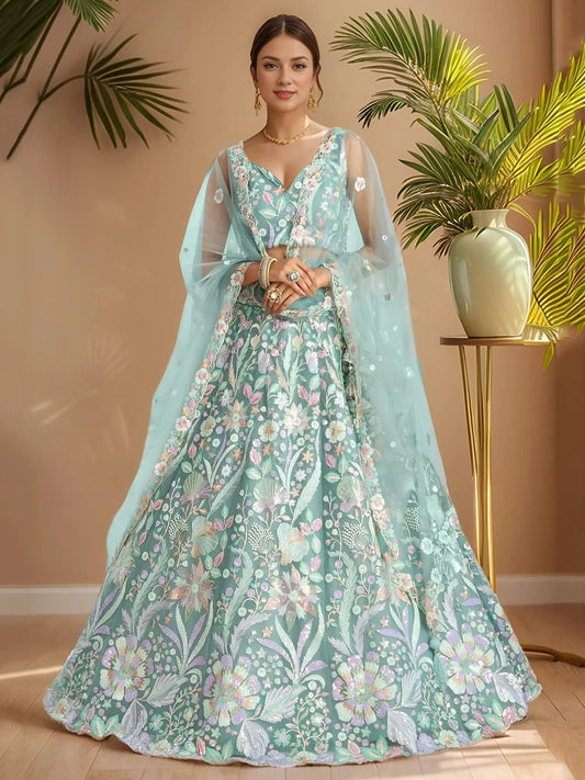 Tulsi Art Dazzling Sky-Blue Sequins Net Engagement Wear Lehenga Choli