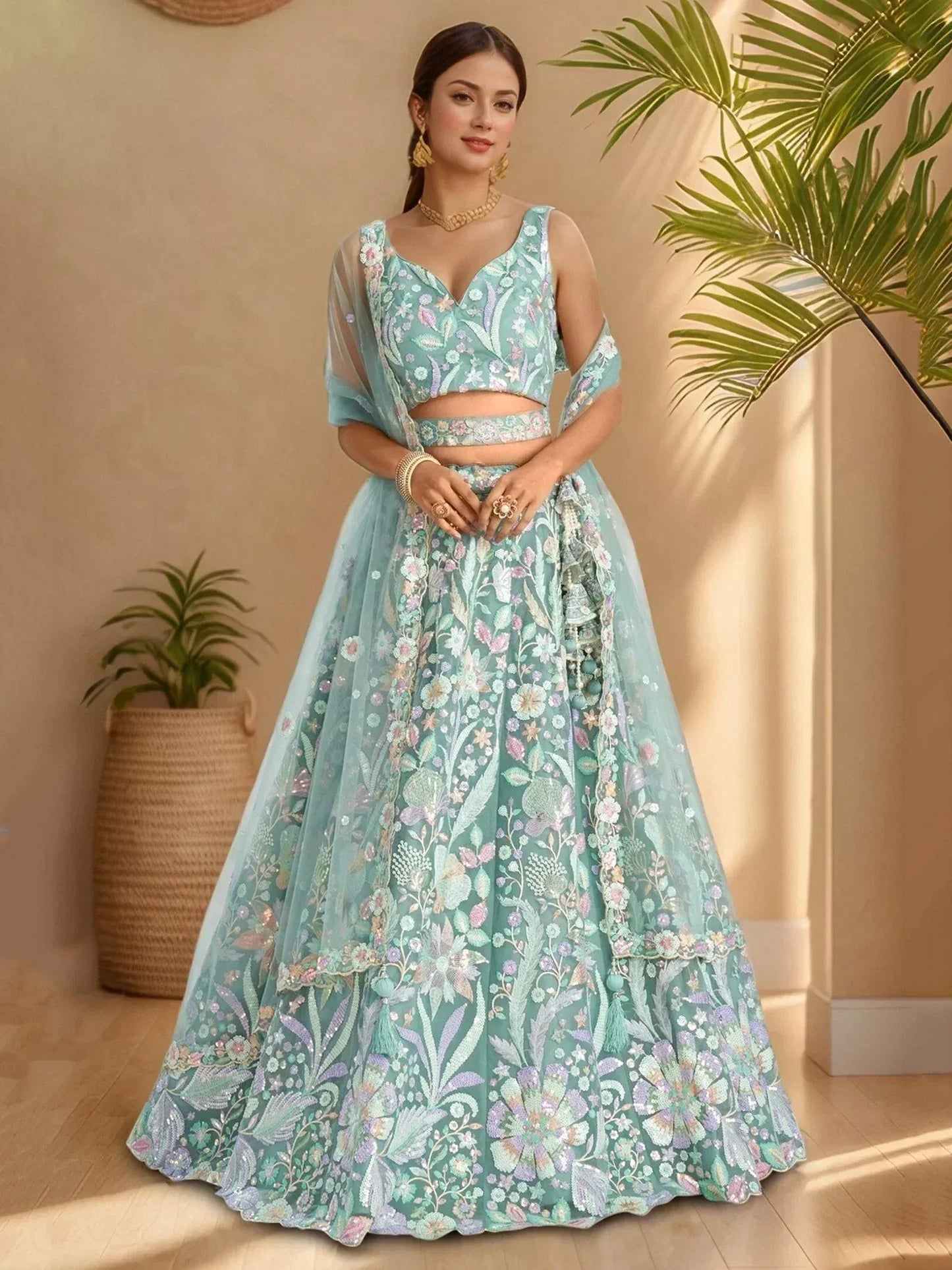 Tulsi Art Dazzling Sky-Blue Sequins Net Engagement Wear Lehenga Choli