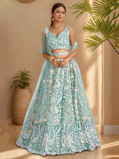Tulsi Art Dazzling Sky-Blue Sequins Net Engagement Wear Lehenga Choli