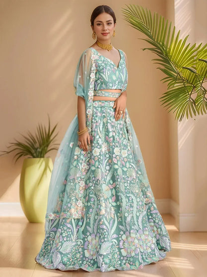 Tulsi Art Dazzling Sky-Blue Sequins Net Engagement Wear Lehenga Choli