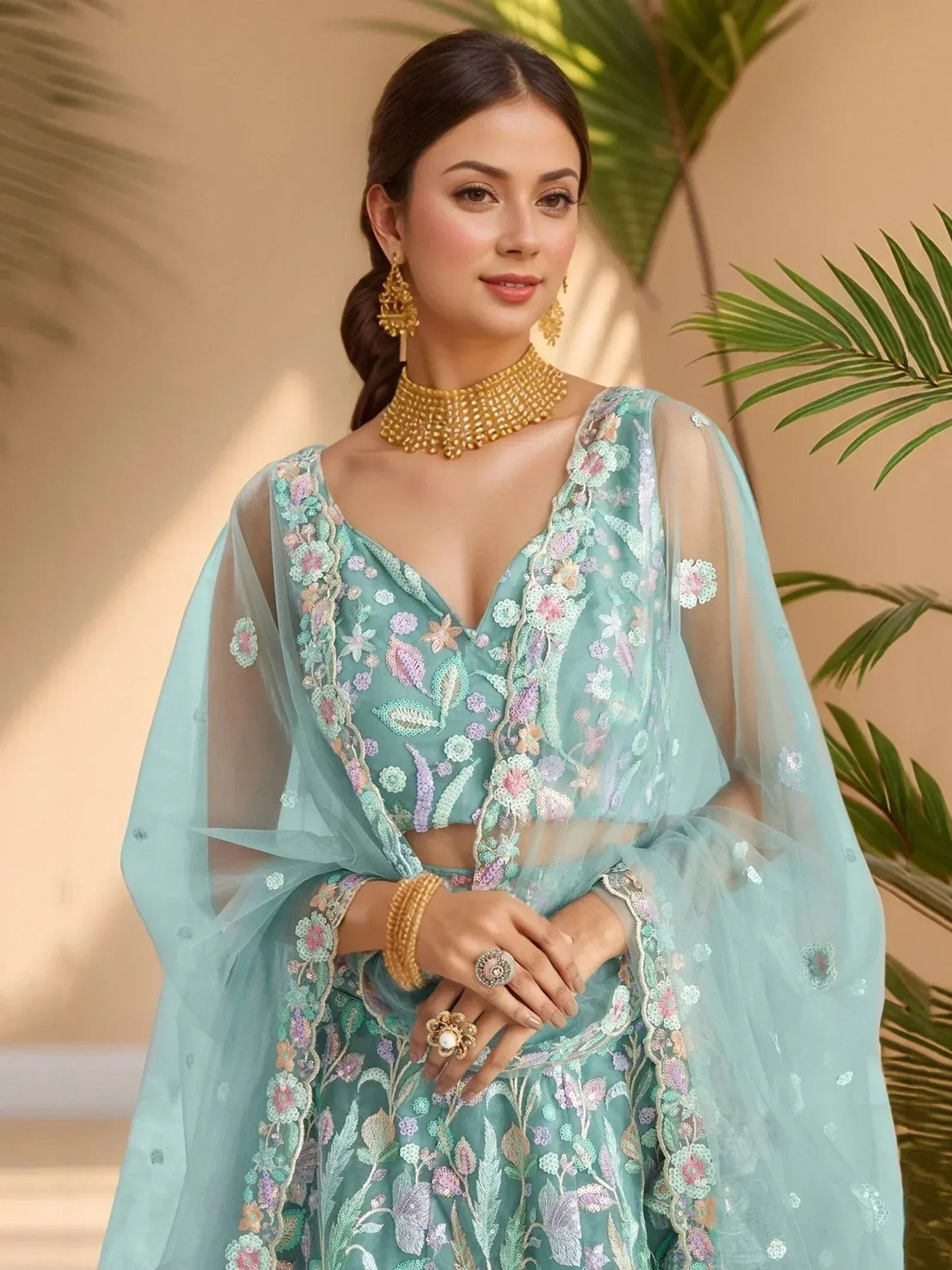 Tulsi Art Dazzling Sky-Blue Sequins Net Engagement Wear Lehenga Choli