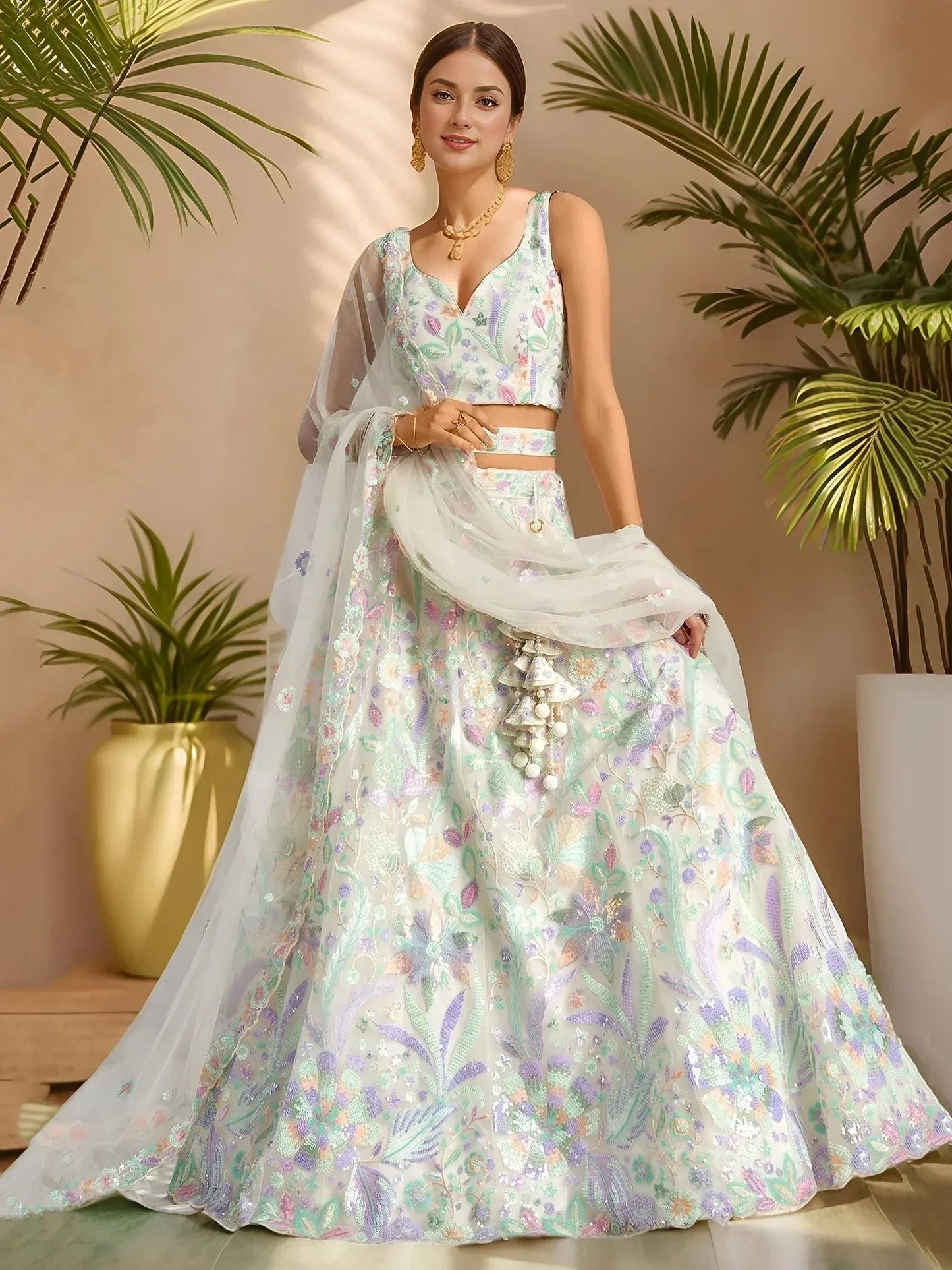 Tulsi Art Precious White Embroidered Net Bridesmaid Lehenga Choli With Dupatta