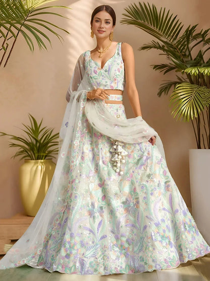 Tulsi Art Precious White Embroidered Net Bridesmaid Lehenga Choli With Dupatta