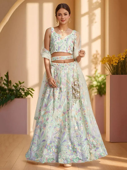 Tulsi Art Precious White Embroidered Net Bridesmaid Lehenga Choli With Dupatta
