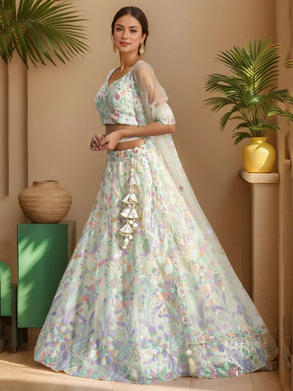Tulsi Art Precious White Embroidered Net Bridesmaid Lehenga Choli With Dupatta