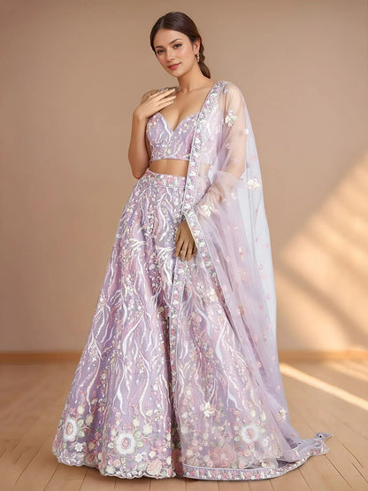 Tulsi Art Glamorous Lavender Sequins Net Designer Lehenga Choli With Dupatta