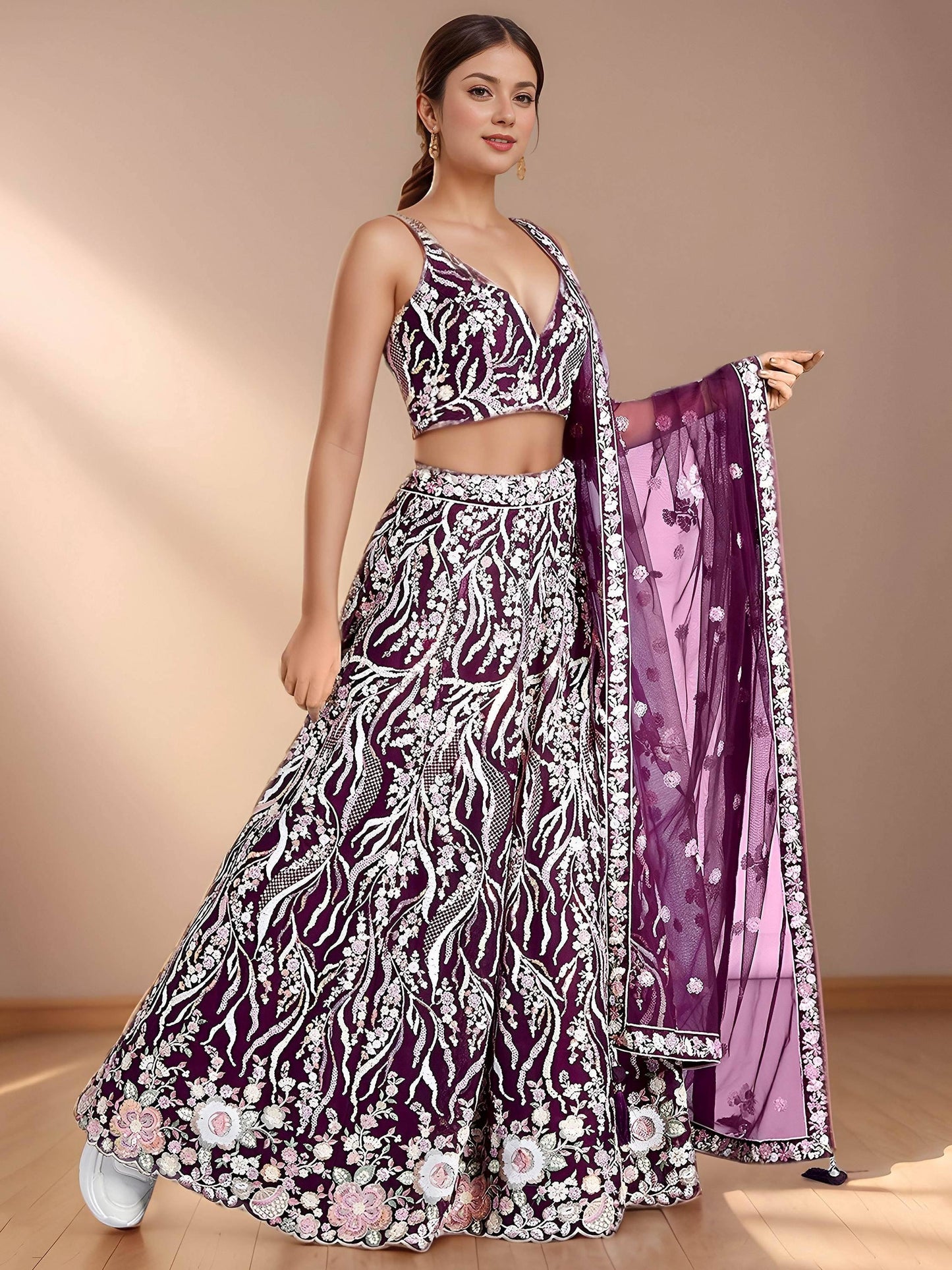 Tulsi Art Elegant Purple Sequins Net Reception Wear Lehenga Choli With Dupatta