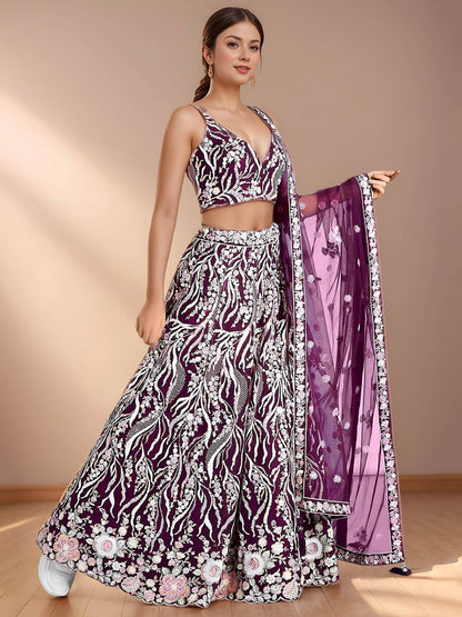 Tulsi Art Elegant Purple Sequins Net Reception Wear Lehenga Choli With Dupatta