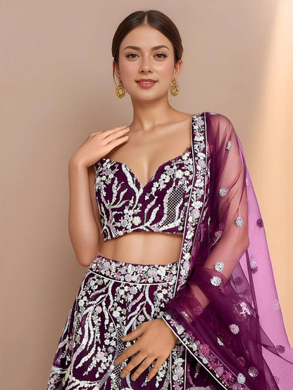 Tulsi Art Elegant Purple Sequins Net Reception Wear Lehenga Choli With Dupatta