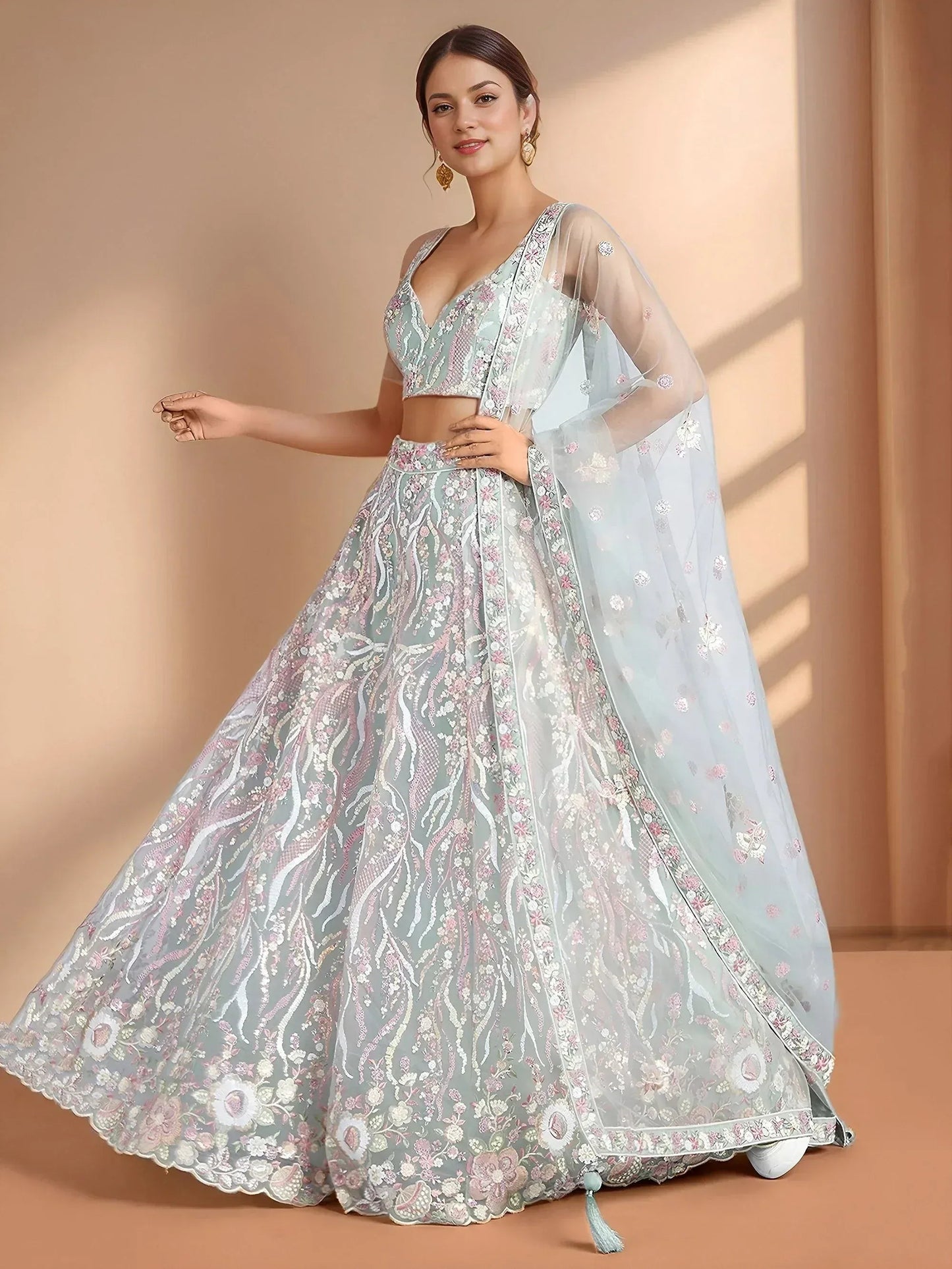 Tulsi Art Stunning Sky-Blue Sequins Net Engagement Wear Lehenga Choli With Dupatta
