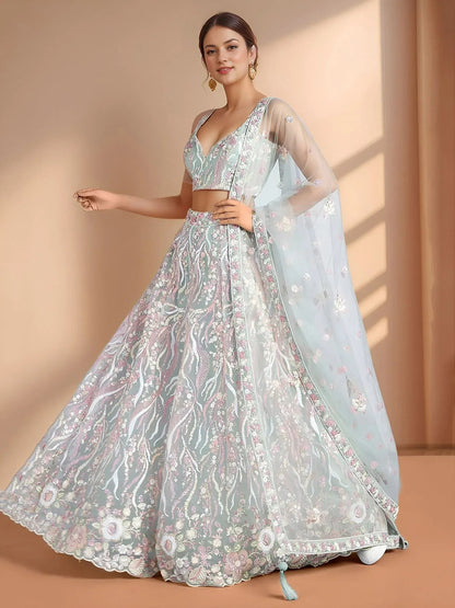Tulsi Art Stunning Sky-Blue Sequins Net Engagement Wear Lehenga Choli With Dupatta