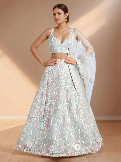 Tulsi Art Stunning Sky-Blue Sequins Net Engagement Wear Lehenga Choli With Dupatta