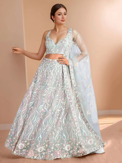 Tulsi Art Stunning Sky-Blue Sequins Net Engagement Wear Lehenga Choli With Dupatta